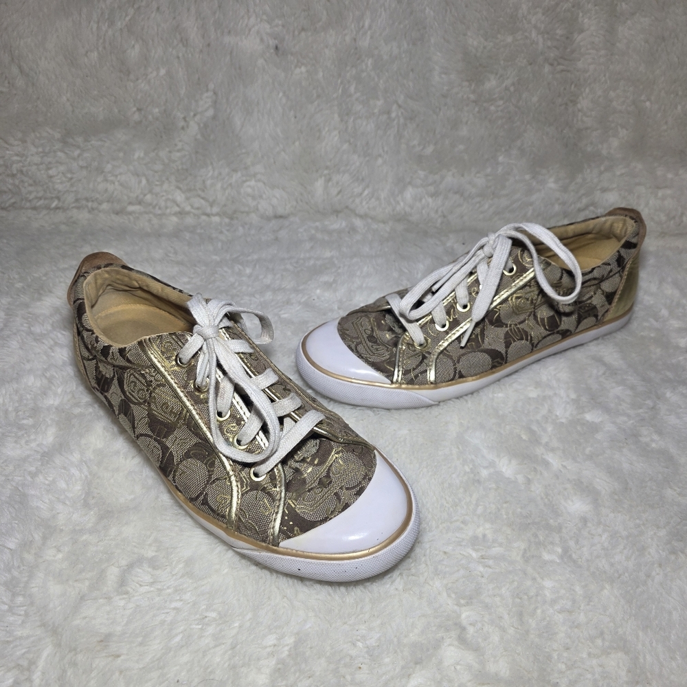 Coach Barrett Gold Signature Monogram Jacquard Canvas Low Top Sneakers 9.5 B